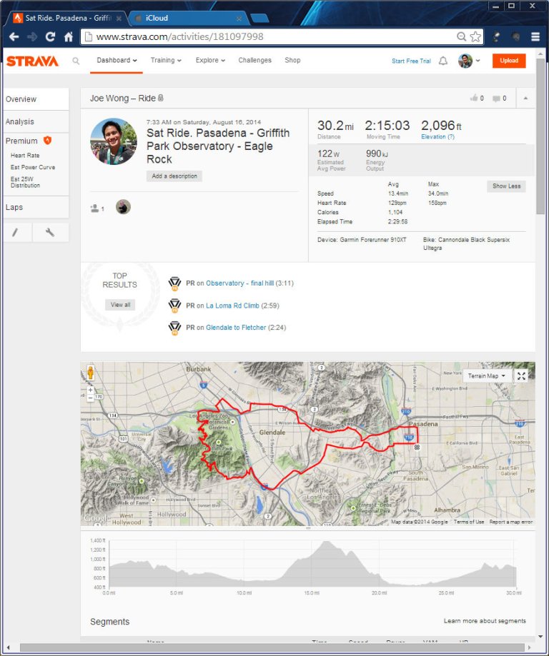 Sat Ride. Pasadena - Griffith Park Observatory - Eagle Rock  Ride  Strava - Google Chrome 8162014 104916 AM