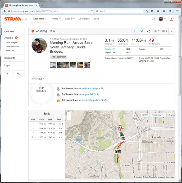 Morning Run. Arroyo Seco South. Archery. Ducks. Bridges.  Run  Strava - Mozilla Firefox 9232015 114303 AM